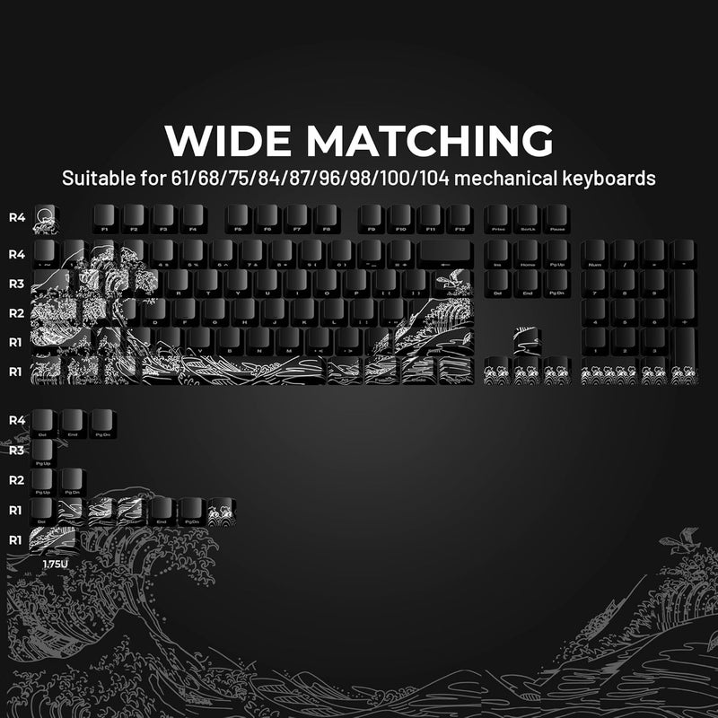 HITIME x XVX Kanagawa Keycaps 60 75 100 Percent - Shine Through Keycaps w/IMD Tech, for Mechanical Keyboards, Full 118 Key Set, OEM Profile, Lines Backlit, Side Printed - Black - Image 4